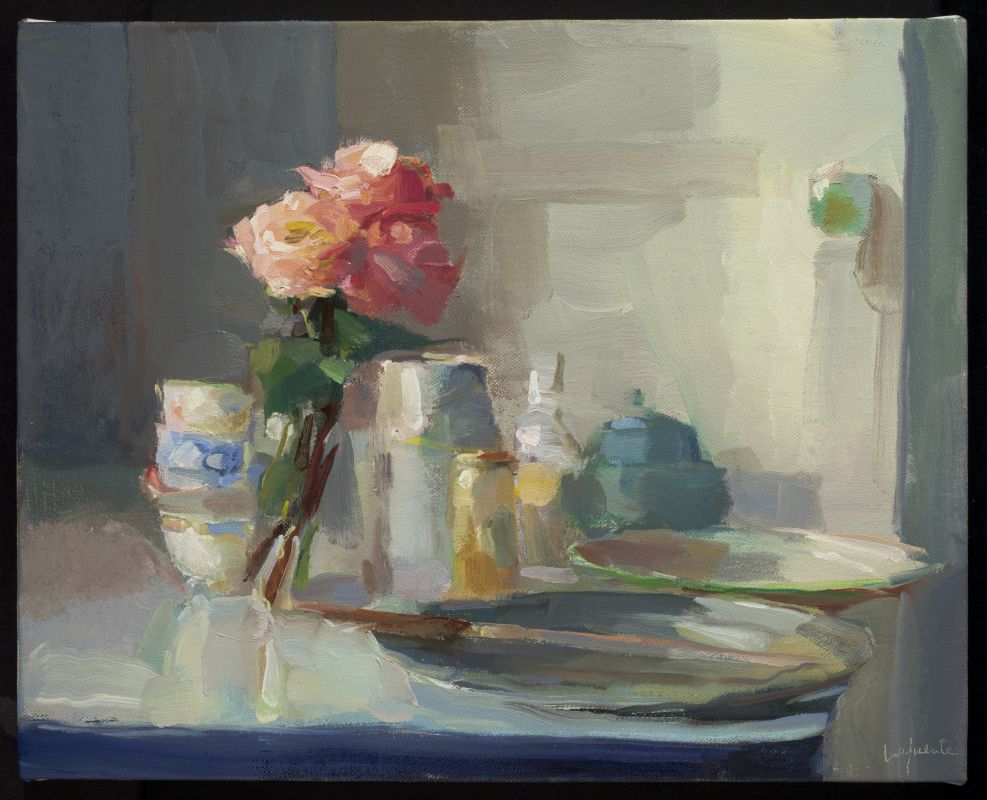 Roses, Teacups, and Knife, 16x20 inches, oil on linen, 2017