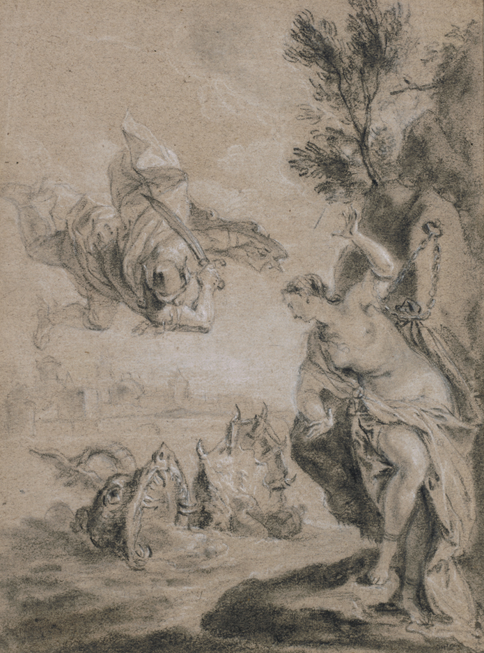 [Leaping figure rescuing damsel from dragon]
