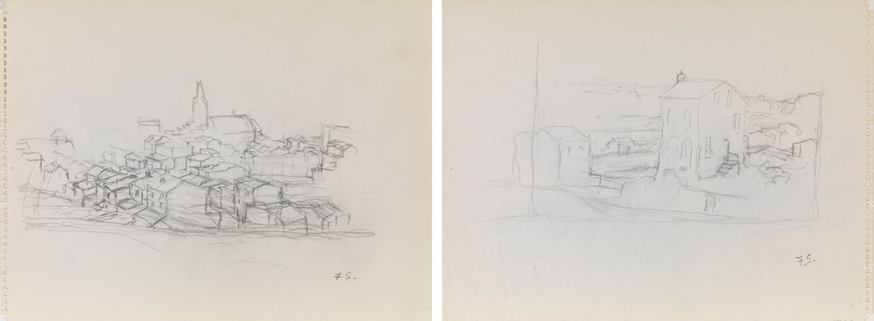 [Sketch of town, steeple in distance], recto; [Sketch of house with rough landscape], verso