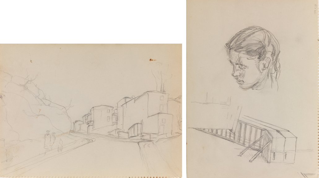 [Sketch of street with people], recto; [Human head and stair], verso