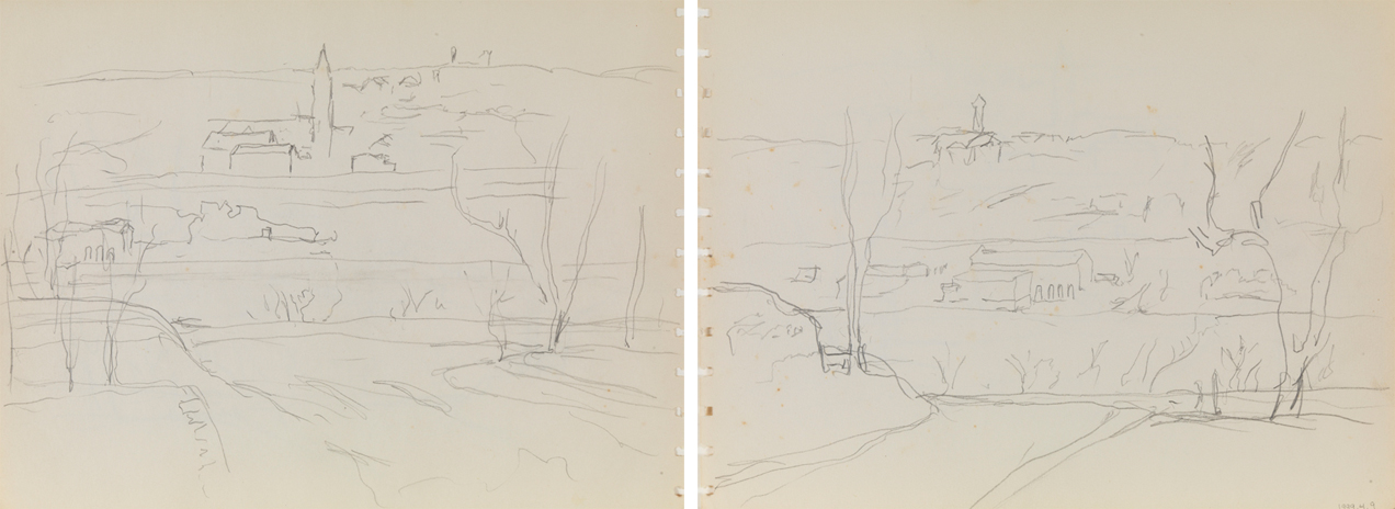 [Rough sketch of town], recto; [Rough landscape, trees in foreground], verso