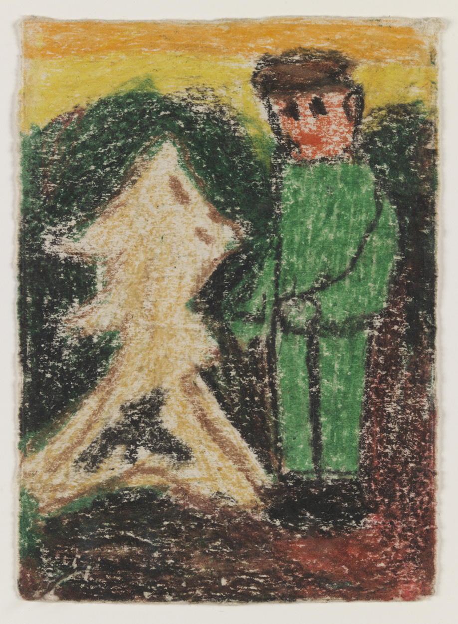 Untitled (Boy in green suit with abstract figure)