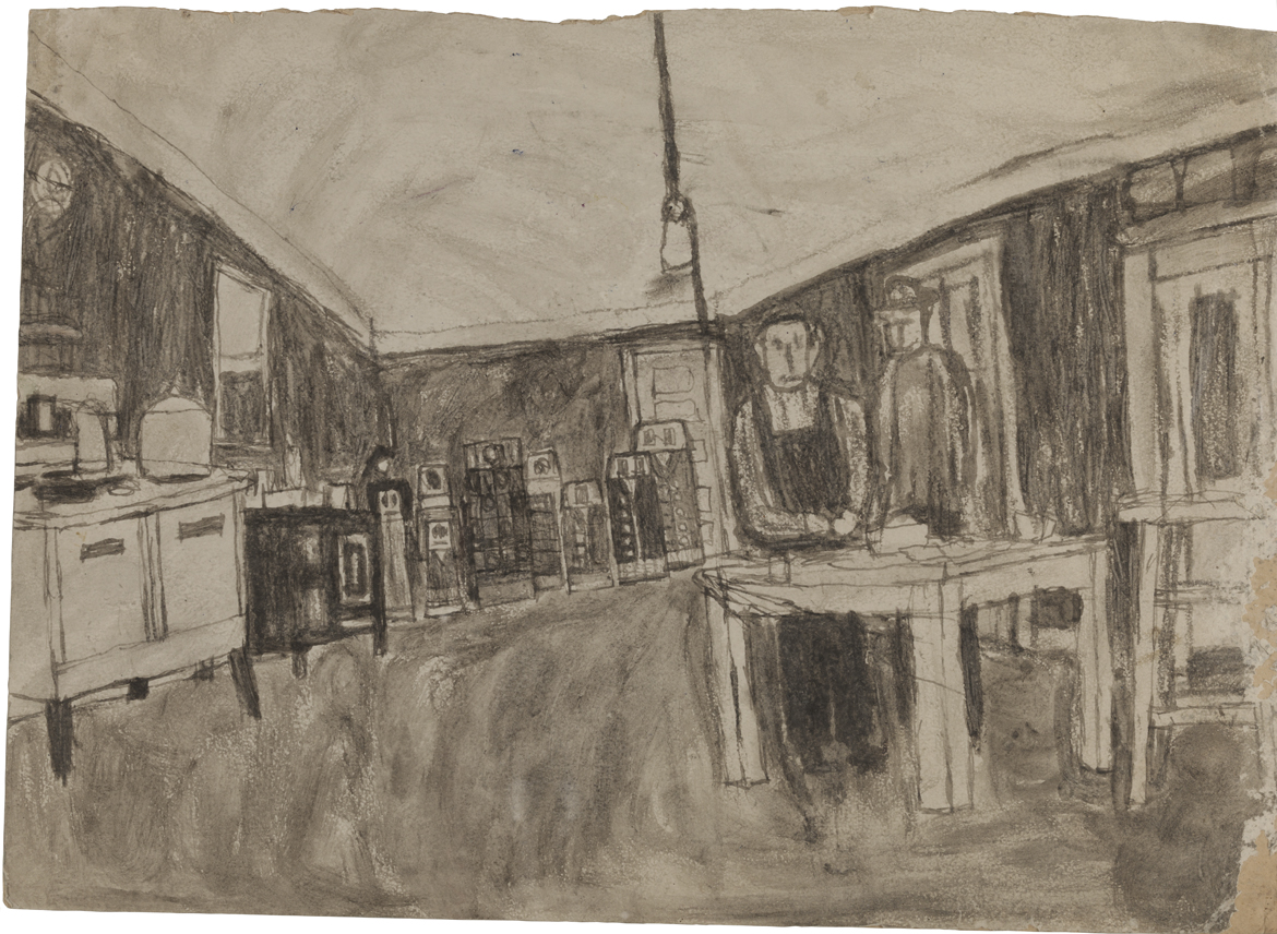 Untitled (Kitchen interior with figures; verso: house in color)