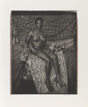  Portrait of Marie Sitting in Black and White Mickalene Thomas  ARTIST	Mickalene Thomas DATE OF BIRTH	(b. 1971) DATE	2012 MEDIUM	Photogravure with chine-collé on paper, ed. 1/20 DIMENSIONS	21 x 17 in. (53.34 x 43.18 cm.)