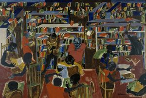 Dream Series #5: The Library Jacob Lawrence. 1967. Tempera on board.24 x 35 7/8 in. Funds provided by the National Endowment for the Arts, the Collectors' Circle, the Henry D. Gilpin and John Lambert Funds, and the Pennsylvania Academy Women's Committee