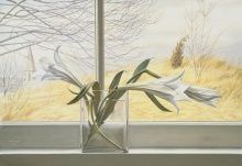 Peter Blume, Lilies, 1938, opaque watercolor over graphite pencil on paper, affixed overall to thick cardboard, 15 x 22 in.