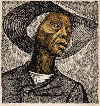 Elizabeth Catlett, Sharecropper, 1952, Linoleum cut, 17 5/8 x 16 7/8 in., The Harmon & Harriet Kelley Collection of African American Art Art © Catlett Mora Family Trust/Licensed by VAGA, New York, NY