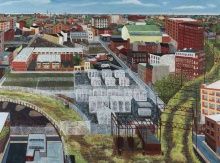 Sarah McEneaney, Trestletown, North from Goldtex, 2013, Egg tempera on wood, 36 x 48 in., Museum Purchase and funds provided by Gene Locks, Charles E. Mather III and Mary McGregor Mather