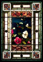 John La Farge, Hollyhocks and Morning Glories, ca. 1884, Opalescent stained glass, lead came, and wood sash, 45 x 31 1/4 x 7 in., Gift of Mr. and Mrs. Theodore T. Newbold in memory of Louis I. Kahn, 1976.7.1, Photo: PAFA, Barbara Katus /Brian van Camerik