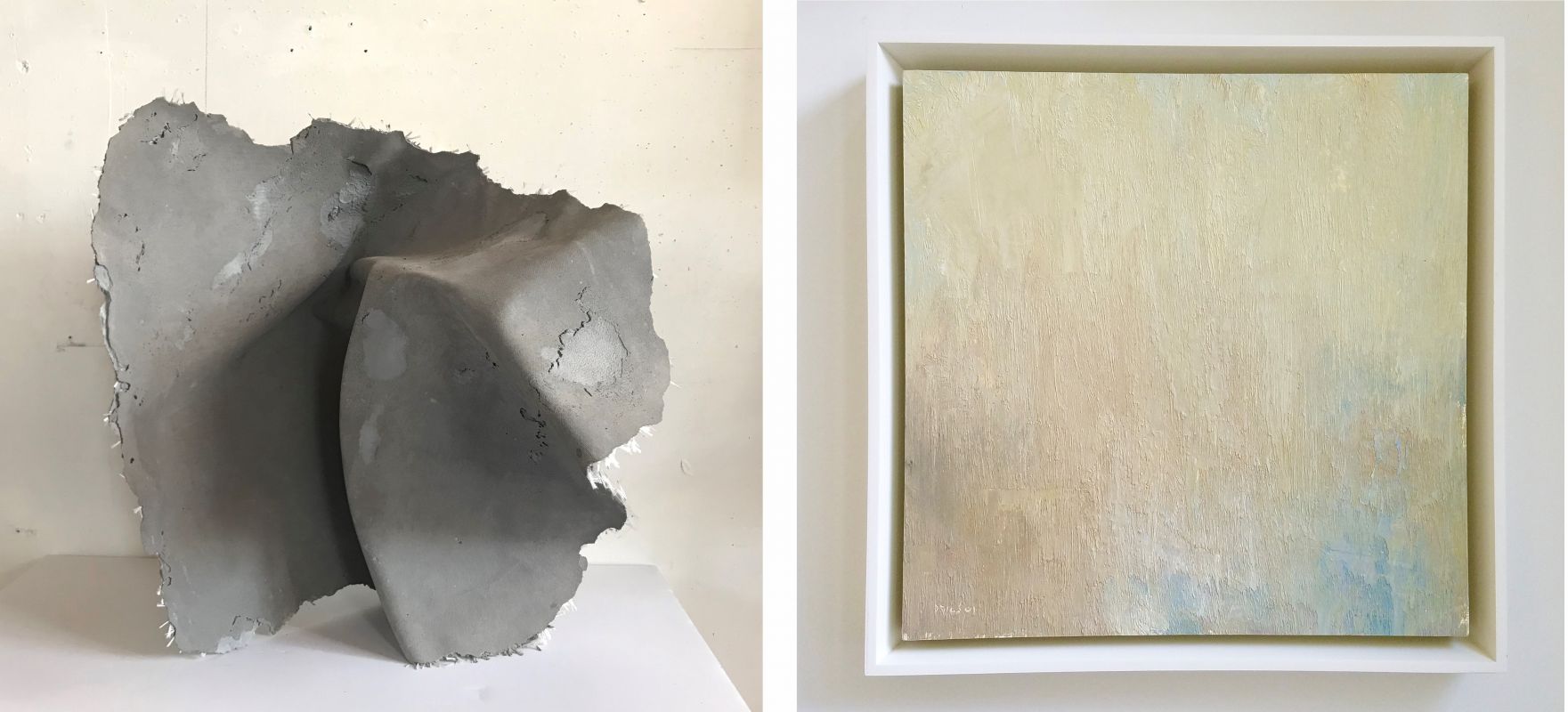 (Left) Sarah Thompson Moore (BFA '15), The Weight of Intention, 2014, concrete and glass fiber, 22" x 22" x 16 / (Right) Stuart Shils (Certificate 1982), Cliffs and Bay Lost in a Sunset Glare, 2001, oil on prepared paper mounted on panel, 13" x 13"
