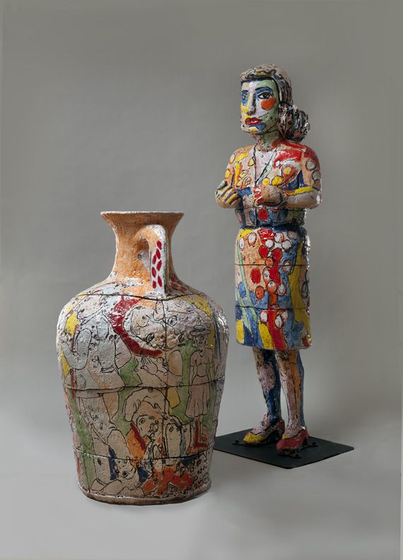 Viola Frey, (1933 2004) Grandmother with Vase, 1998 Ceramic vase: 56 x 30 x 30 in. (142.24 x 76.2 x 76.2 cm.); woman: 93 x 32 x 26 in. (236.22 x 81.28 x 66.04 cm.) Art by Women Collection, Gift of Linda Lee Alter, 2011.1.14