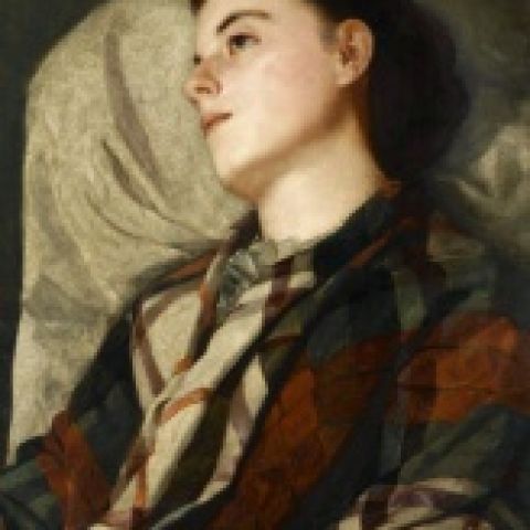 Susan Macdowell Eakins (1851-1938), Girl in a Plaid Shawl, ca. 1880-85, Oil on canvas, 28 1/16 x 21 in., Charles Bregler’s Thomas Eakins Collection, purchased with the partial support of the Pew Memorial Trust and the Henry C. Gibson Fund, 1985.68.39.6