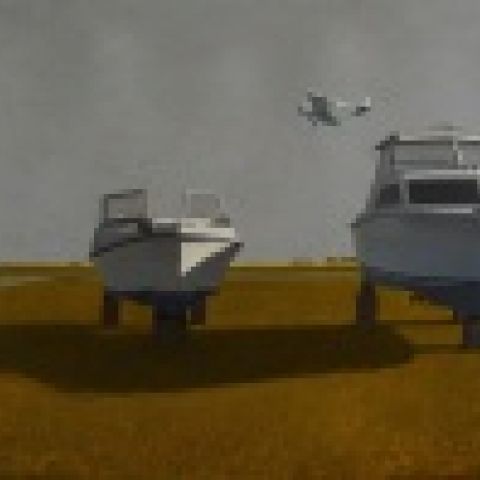 Ted Walsh, Boats at the Airport, 2014, oil on panel, 37 x 81 in.