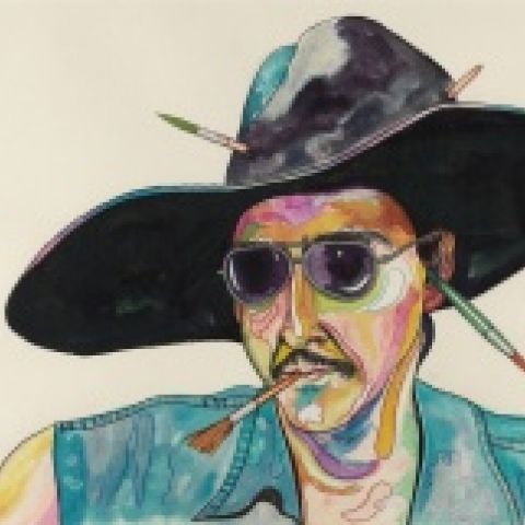 Luis Cruz Azaceta, Self-Portrait with Phony Hat, 1980, colored ink and pencils on paper, 22 1/8 x 30 in, Robert and Frances Coulborn Kohler Collection, 2013.10.2