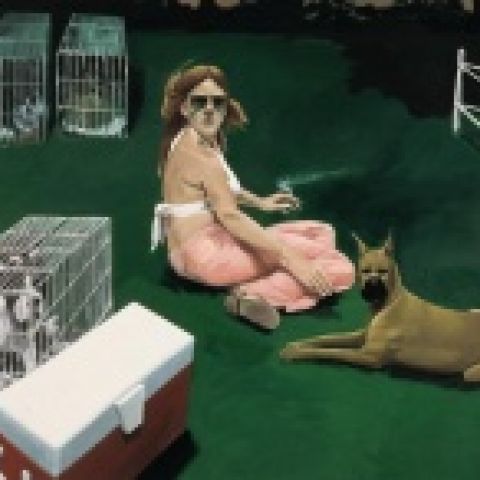 Woman Surrounded by Dogs, 1979-80, Oil on linen, 65 x 96 in., Hall Art Foundation