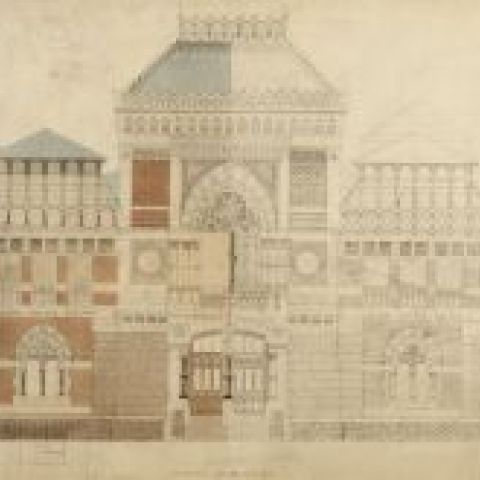 Frank Furness and George Wattson Hewitt, ELEVATION:ON:BROAD:STREET:, 1873-76, Black ink, watercolor wash, and pencil on white paper on mount, 25 1/2 x 34 1/2 in., 1876.6.8