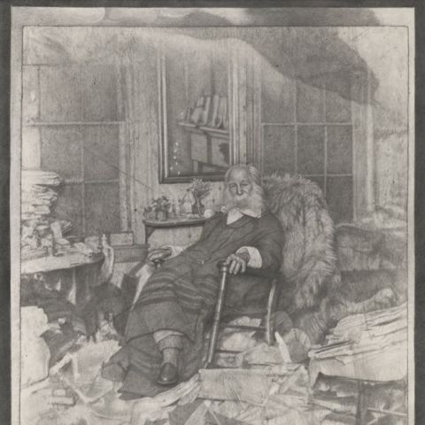 Mark Stockton, "The Poet in His Bedroom or Walt Whitman in repose amongst a chaos of papers in Camden in 1891" (2018). Graphite on Arches paper, 52 x 42 inches (framed), 50 x 40 inches (unframed). Museum Purchase (2018.43)  2018