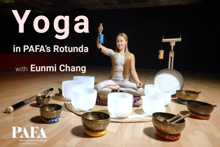 event graphic with a photo of Eunmi Chang sitting crosslegged in a leotard in a circle of Tibetan Singing Bowls and crystal bowls and holding a bowl up with one hand at head-height. 