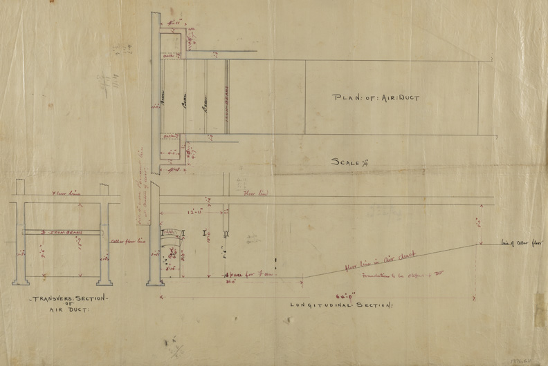 [Longitudinal section and transvers(sic) section of air duct, scale 1/4"]