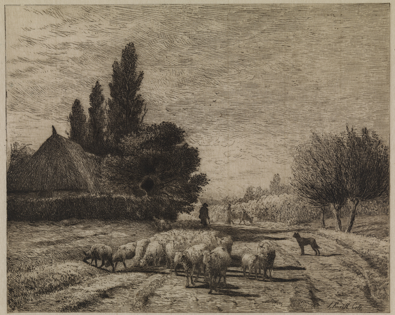 A Village Street in France, with a Flock of Sheep