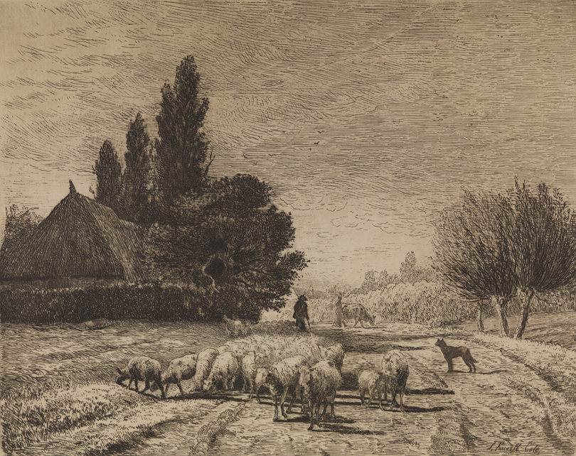 A Village Street in France, with a Flock of Sheep
