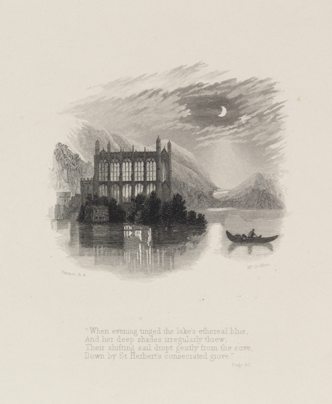 "When evening tinged the lake's ethereal blue" [vignette]