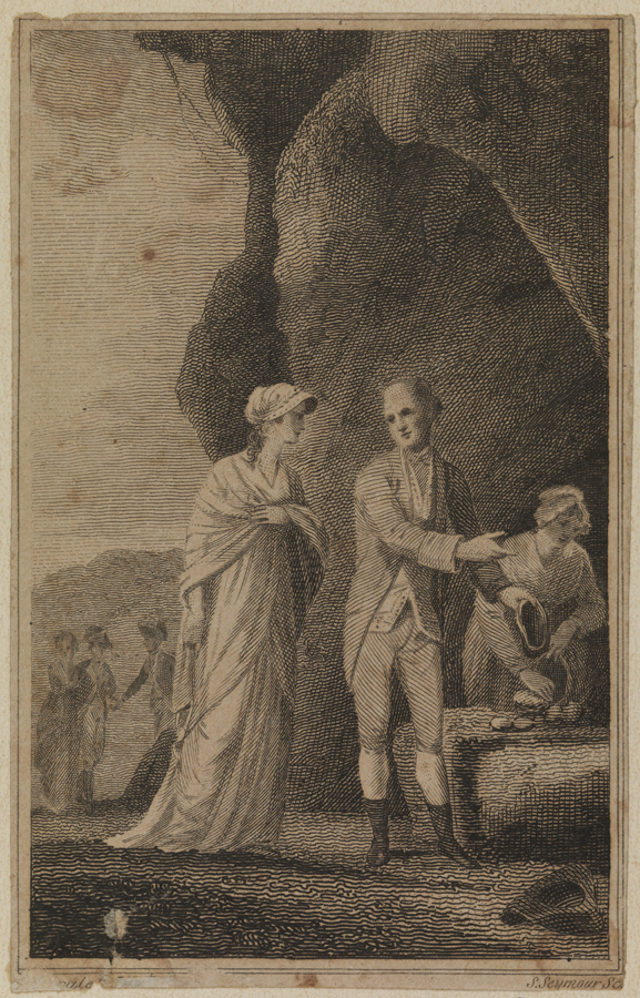[Man directing woman into a cave]