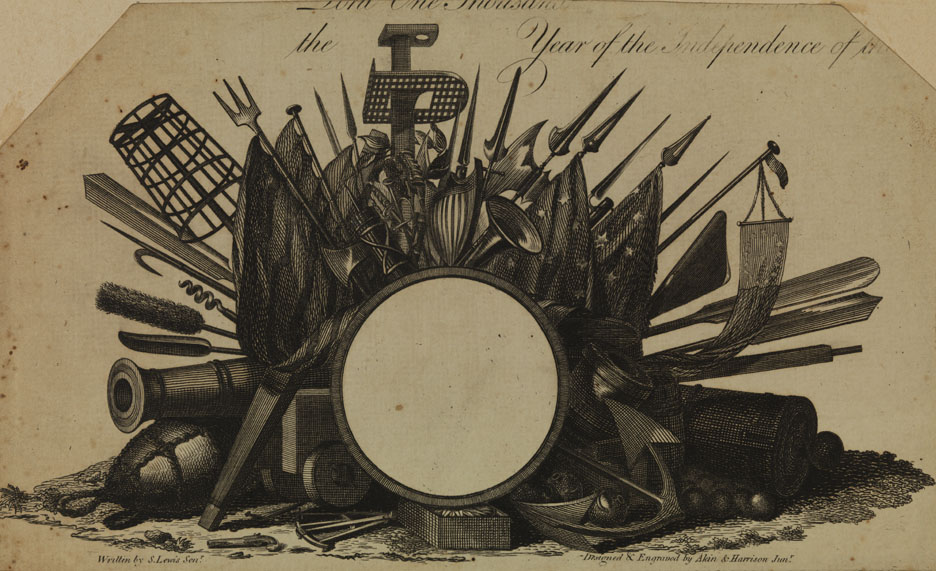 [Trophy of arms at bottom of U.S. Naval Commission]