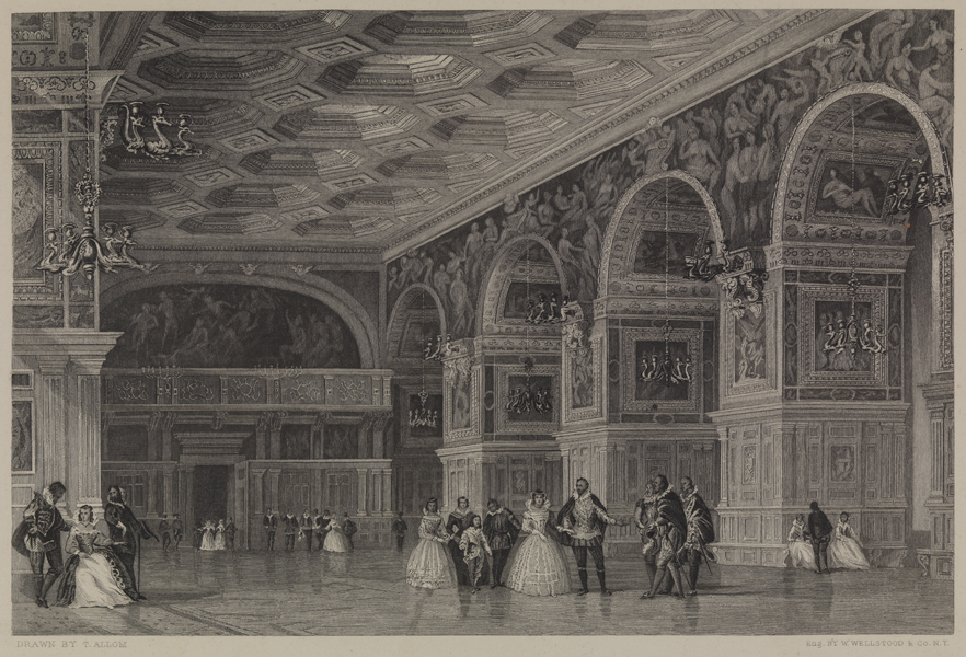 [Courtiers in a decorated room]