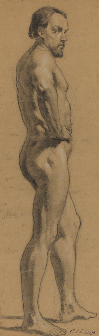 [Figure study: male nude standing - side view]