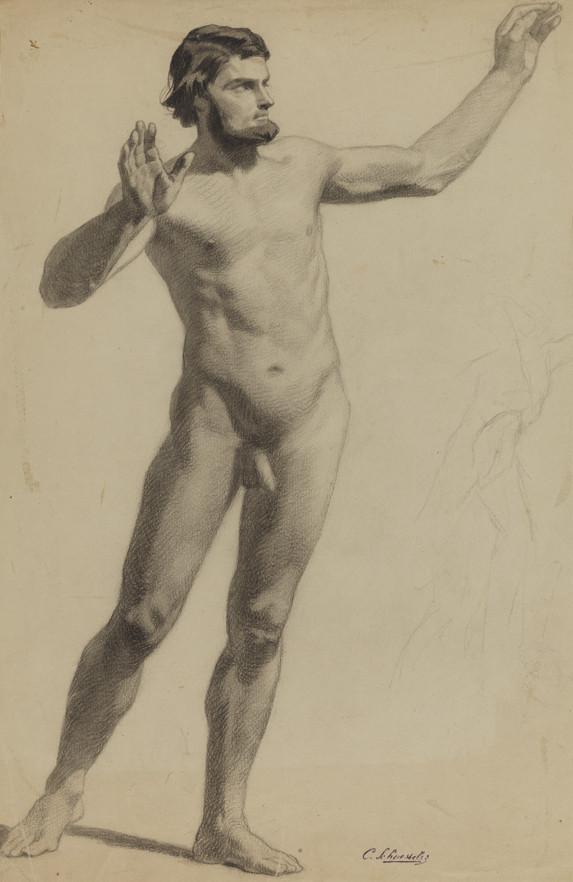 [Figure study: male nude standing with arms upraised]