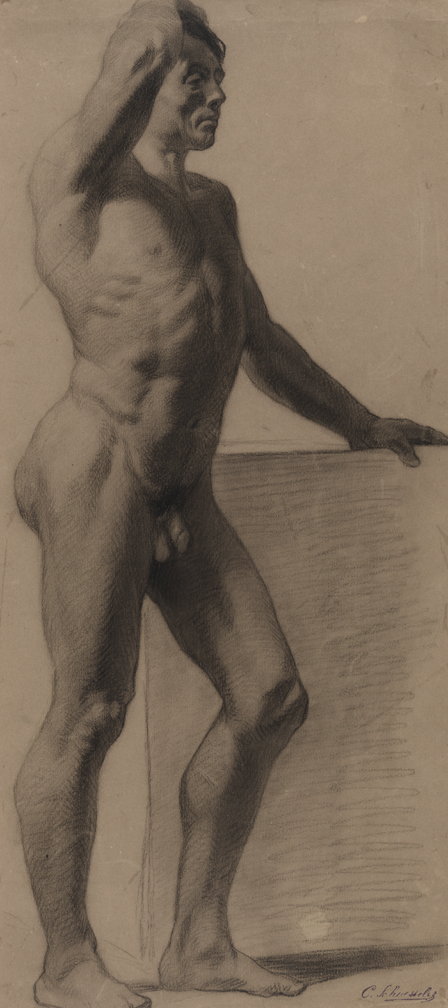 [Figure study: male nude standing with arm raised]