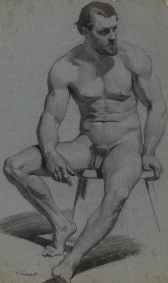 [Figure study: male nude, seated on stool - facing right]