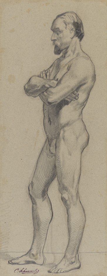 [Figure study: standing male nude - side view]