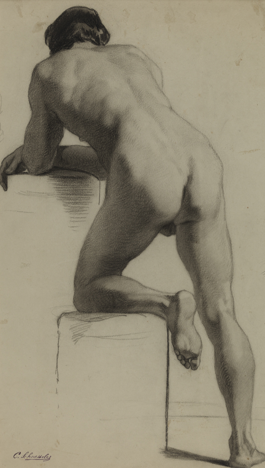 [Figure study: male nude leaning forward - back view]