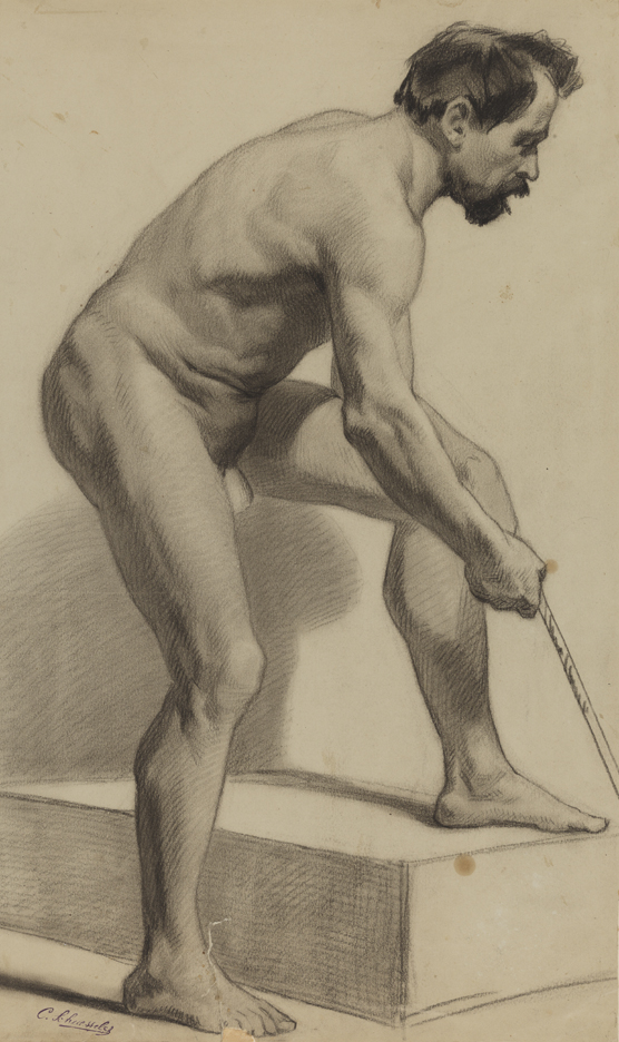 [Figure study: male nude leaning forwad - side view]