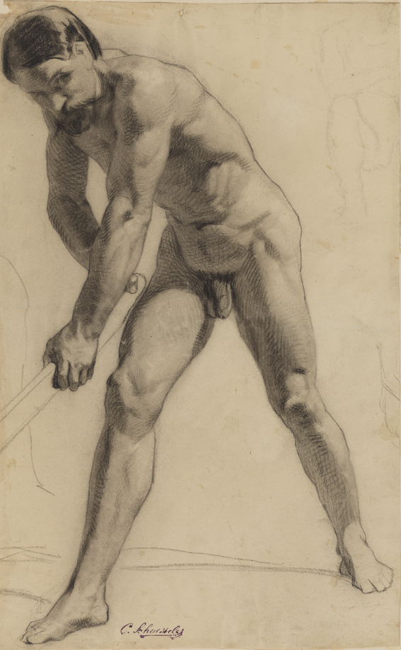 [Figure study: male nude leaning forward - front view]