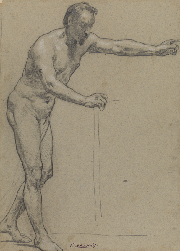 [Figure study: standing male nude with arm outstretched]
