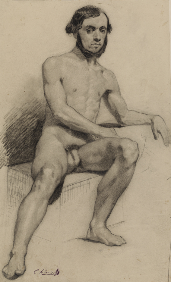 [Figure study: male nude seated, facing front]