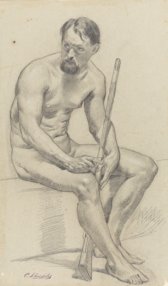 [Figure study: male nude seated holding a musket]