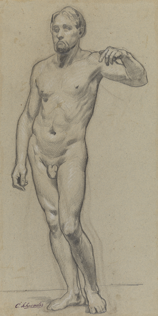 [Figure study: male nude standing with arm upraised]
