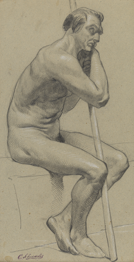 [Figure study: seated male nude holding staff]