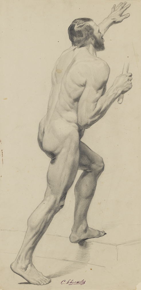 [Figure study: male nude striding forward with arm upraised]