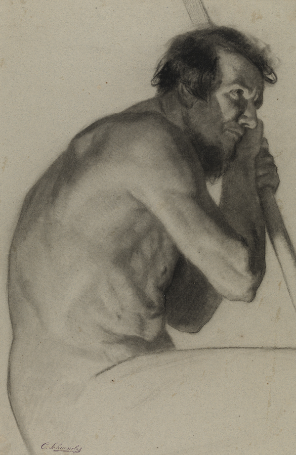 [Figure study: seated male nude holding staff]