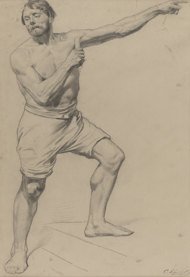[Figure study: male standing, in shorts, with arm outstretched]
