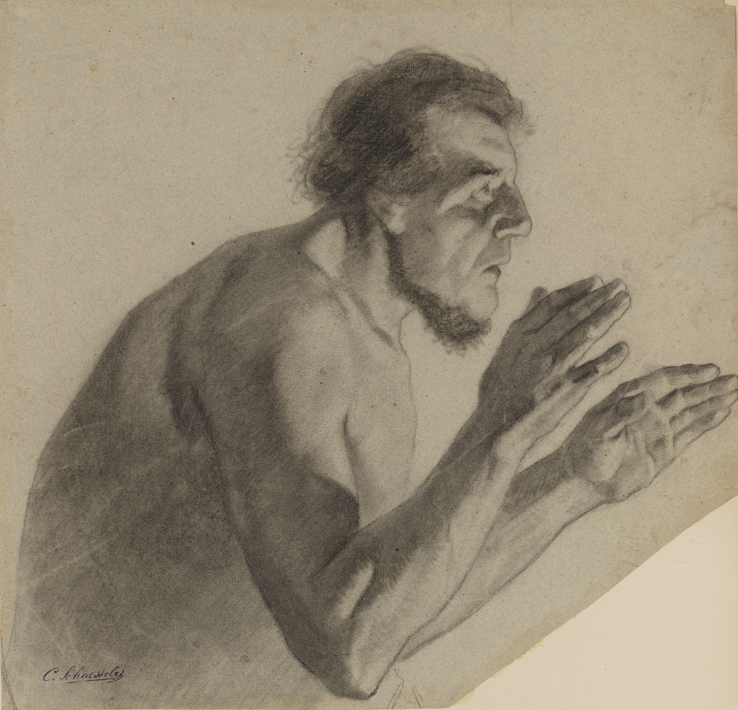 [Figure study: male nude with arms raised]