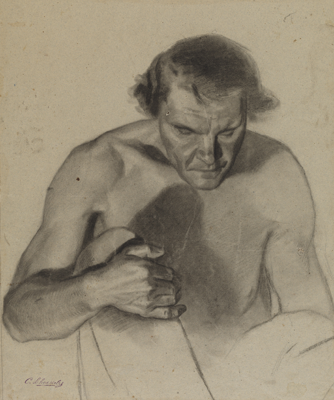 [Figure study: male nude seated, with raised knee]