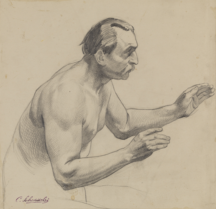 [Figure study: male nude with arms outstretched]