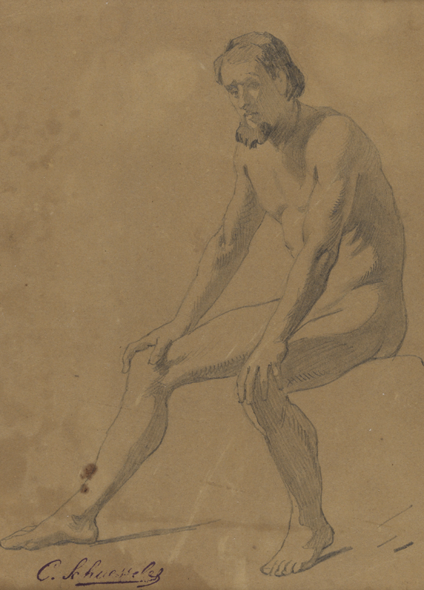 [Figure study: male nude seated, hands on knees, facing left]
