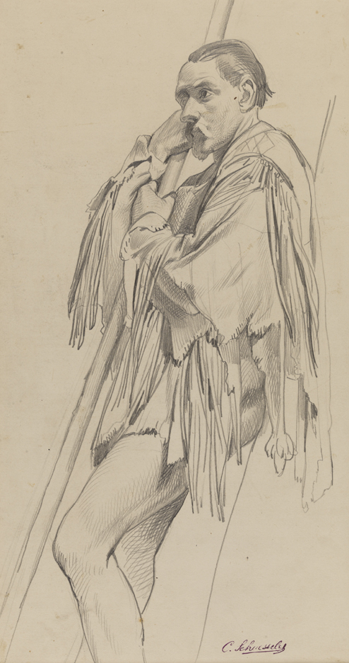 [Figure study: male, standing, wearing deerskin jacket]